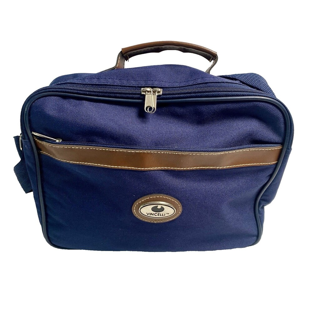 Vincelli Ipad Bag Navy Tan w Handle 12x9x4 Zip Closure w Shoulder Strap